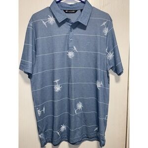 Travis Mathew Polo Shirt Mens Size Large Blue Palm Tree Print Golf Logo Casual